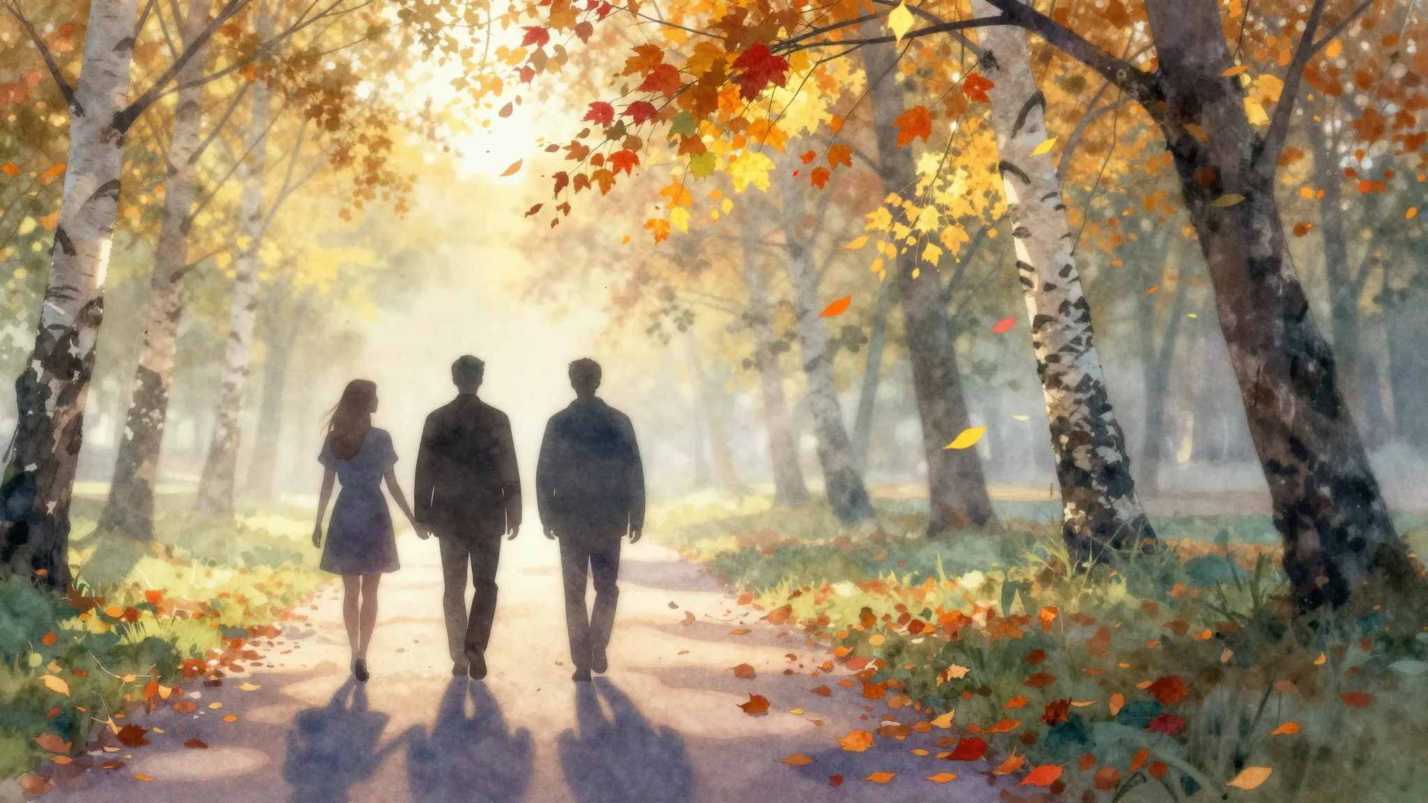 Watercolor style. Silhouettes of two lovers walking along an...