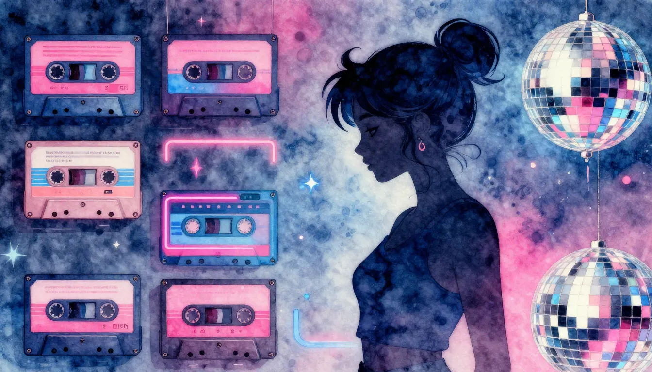 Watercolor style. Retro 90s aesthetic, neon lights, silhouet...