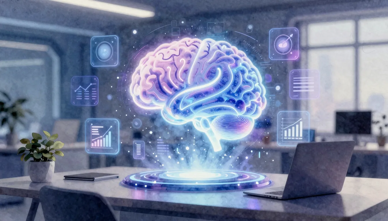 Watercolor style. A futuristic workspace with a glowing 3D h...