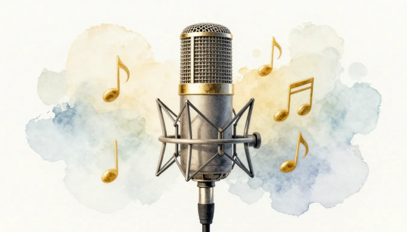 Watercolor style. A professional studio microphone with gold...