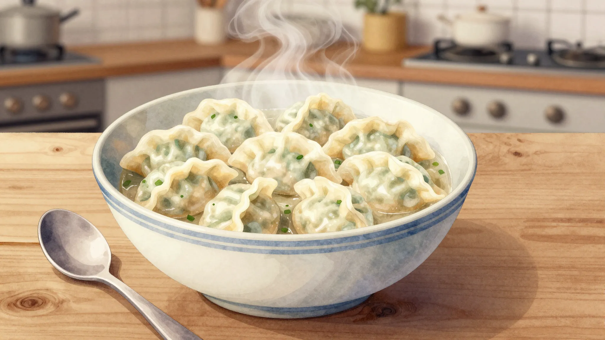 Watercolor style. A steaming bowl of dumplings on a wooden t...