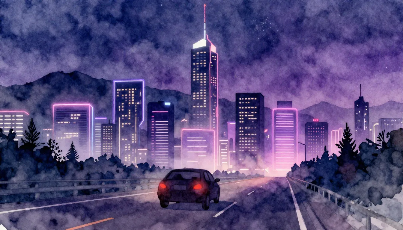 Watercolor style. Neon lights of a modern city skyline at ni...