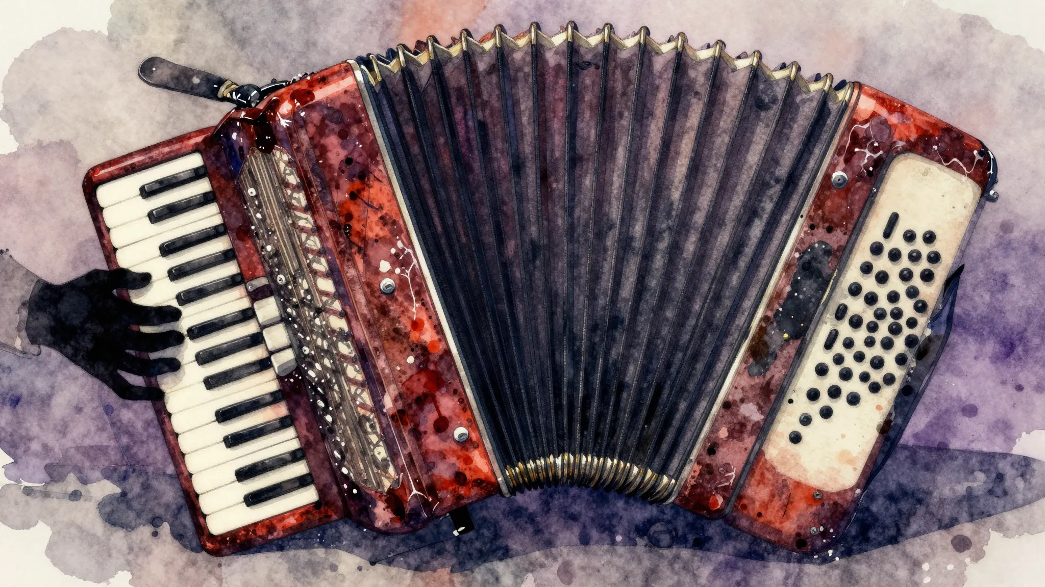 Vibrant watercolor style. Rock album cover: broken accordion...