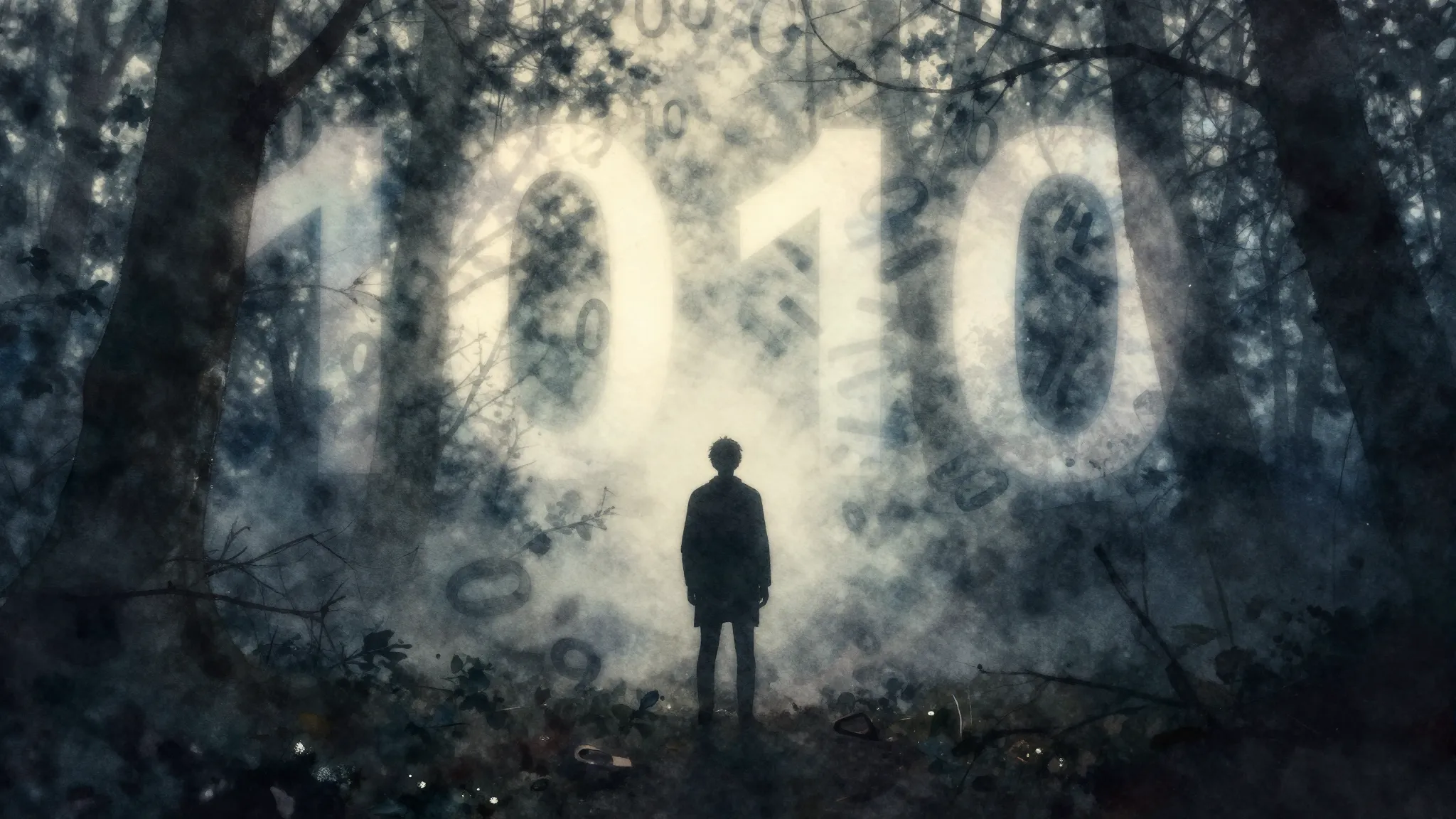 Watercolor style. Silhouette of a lonely figure in a dark mi...