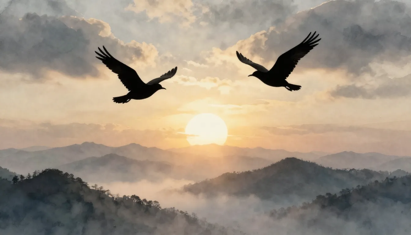 Watercolor style. Silhouette of two birds flying towards a b...