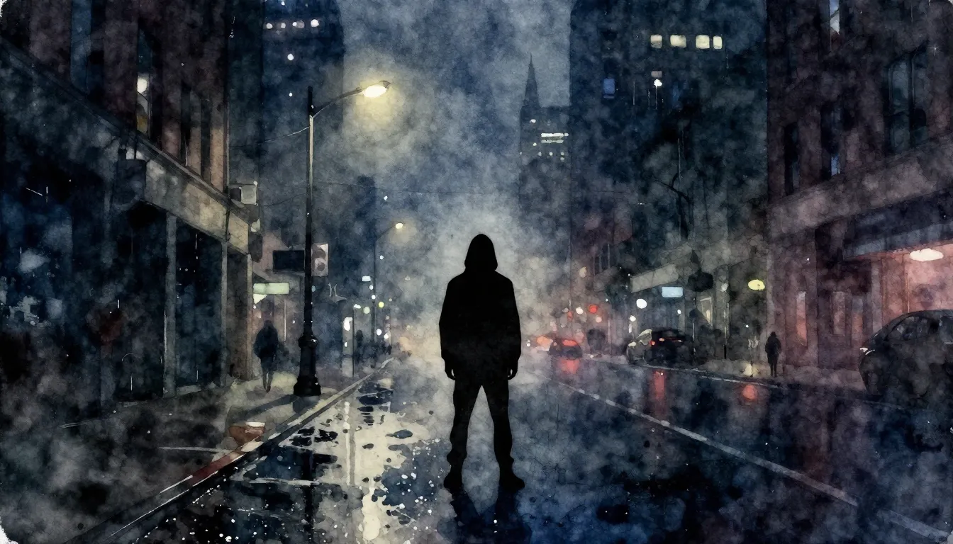 Vibrant watercolor style. A dark, gritty hip-hop album cover...