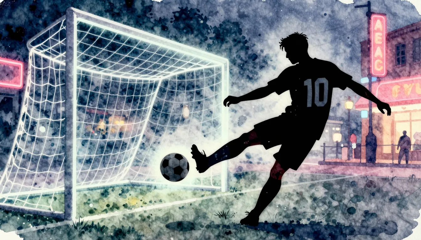 Watercolor style. Silhouette of a soccer player kicking a ba...