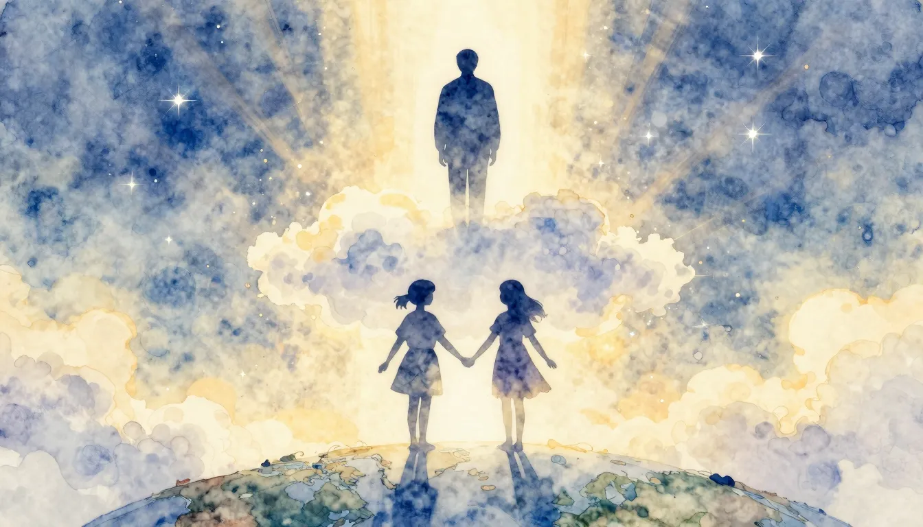 Watercolor style. A soft silhouette of a father figure stand...
