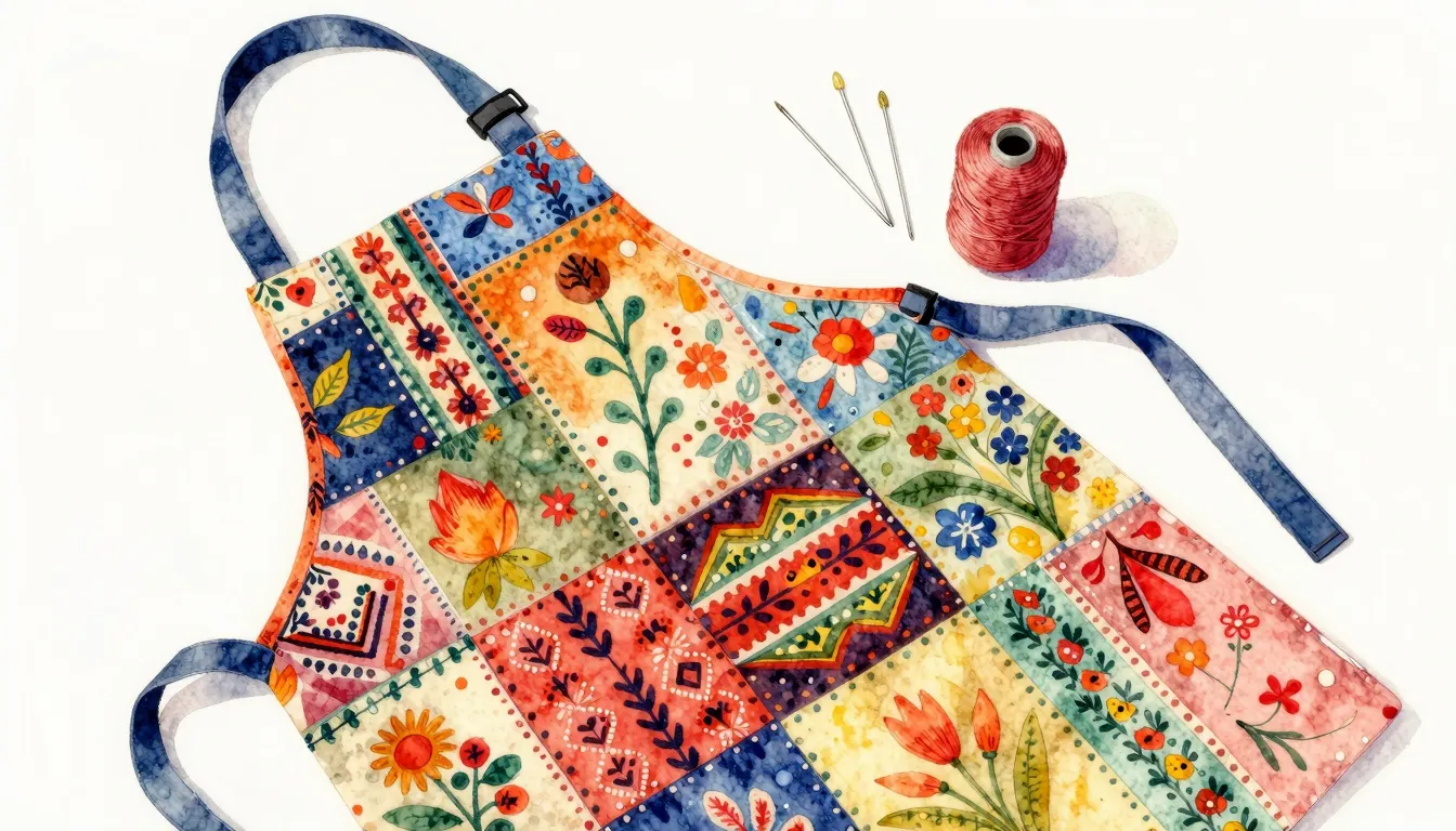 Watercolor style. A vibrant patchwork apron with traditional...