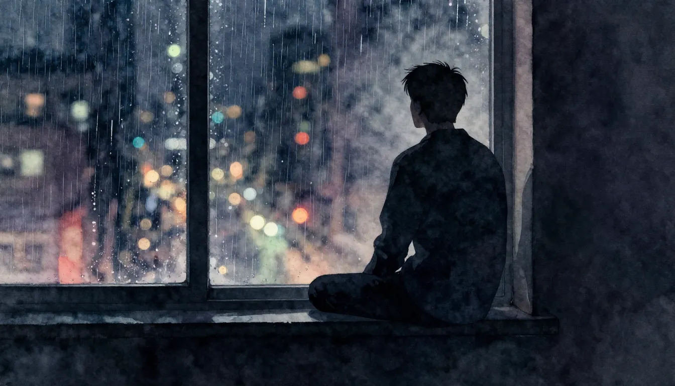 Watercolor style. A lonely silhouette of a man sitting by a ...