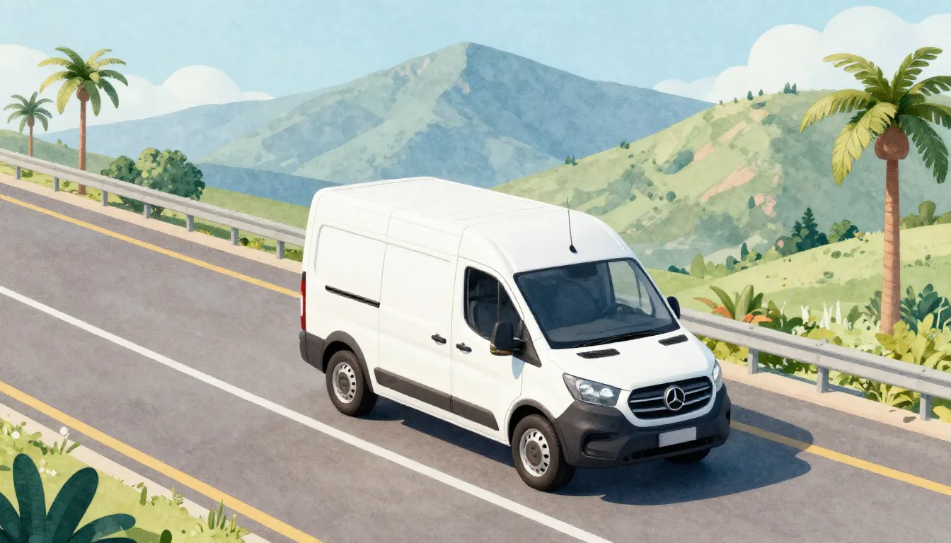 Watercolor style. A modern white delivery van driving on a s...