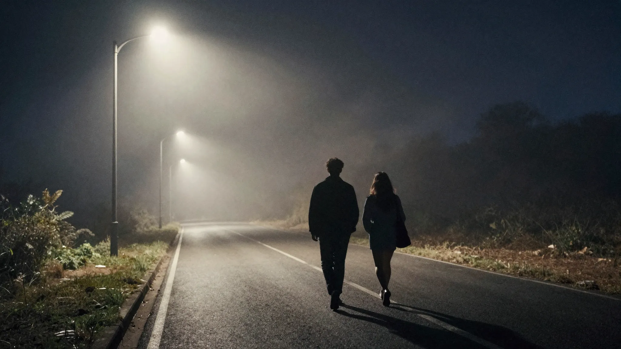 Watercolor style. Silhouette of two friends walking down a m...