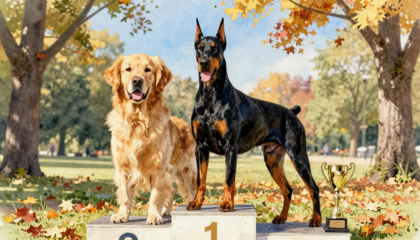 Watercolor style. A majestic golden retriever and a sleek do...