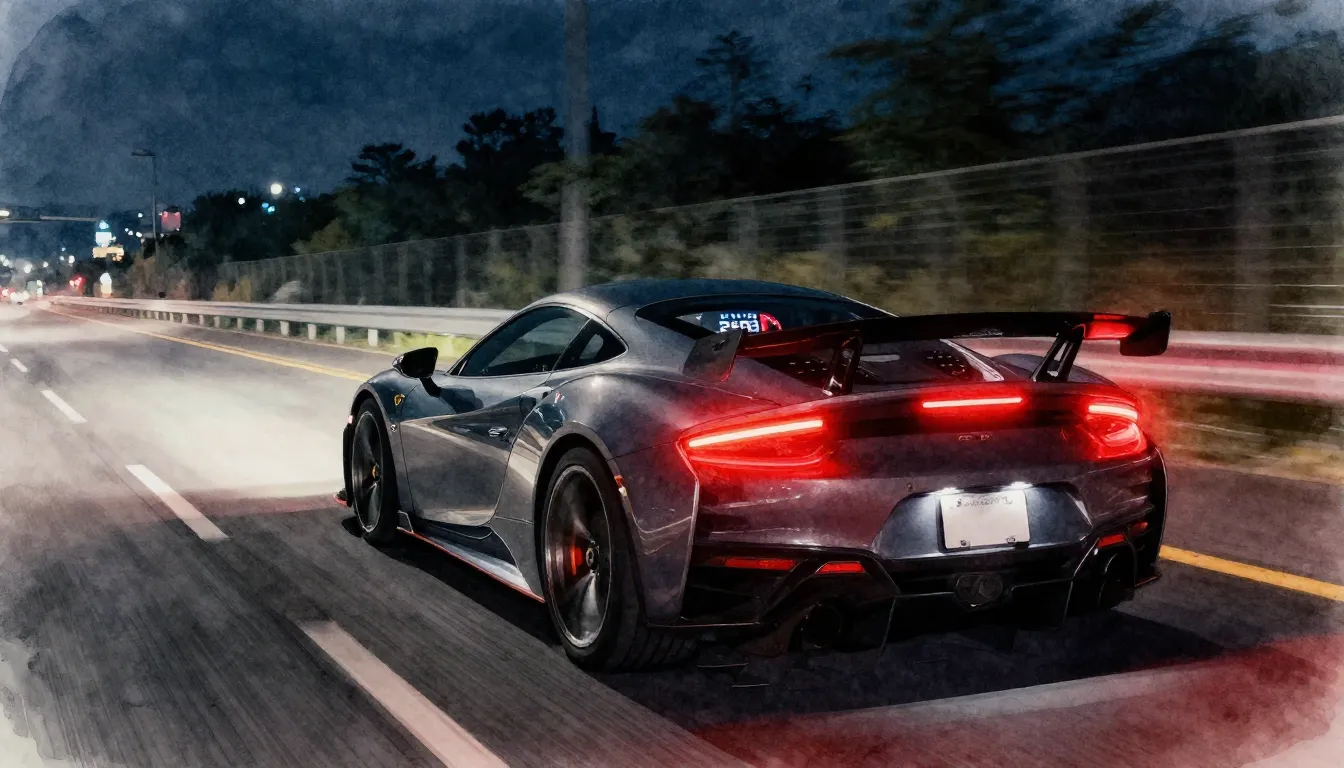 Watercolor style. High-speed sports car driving on a neon-li...