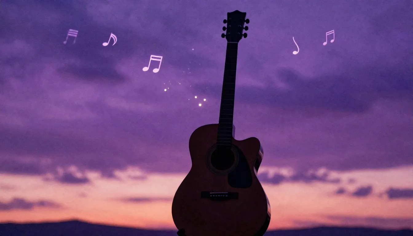 Watercolor style. A silhouette of a vintage guitar standing ...