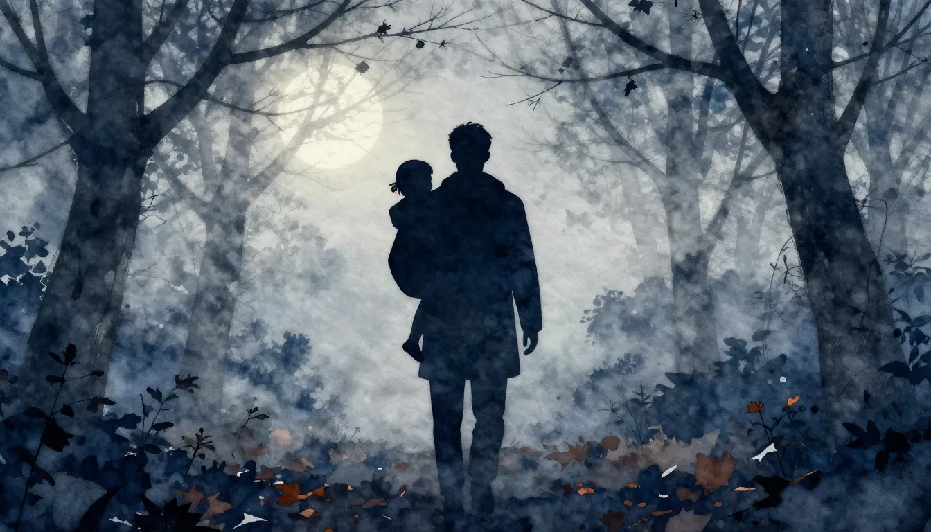 Watercolor style. A silhouette of a tall figure carrying a s...