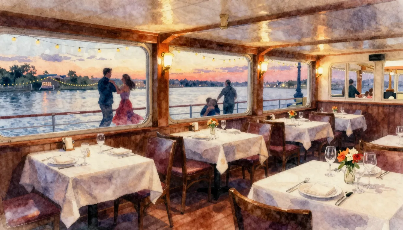 Watercolor style. Cozy interior of a ship restaurant with be...