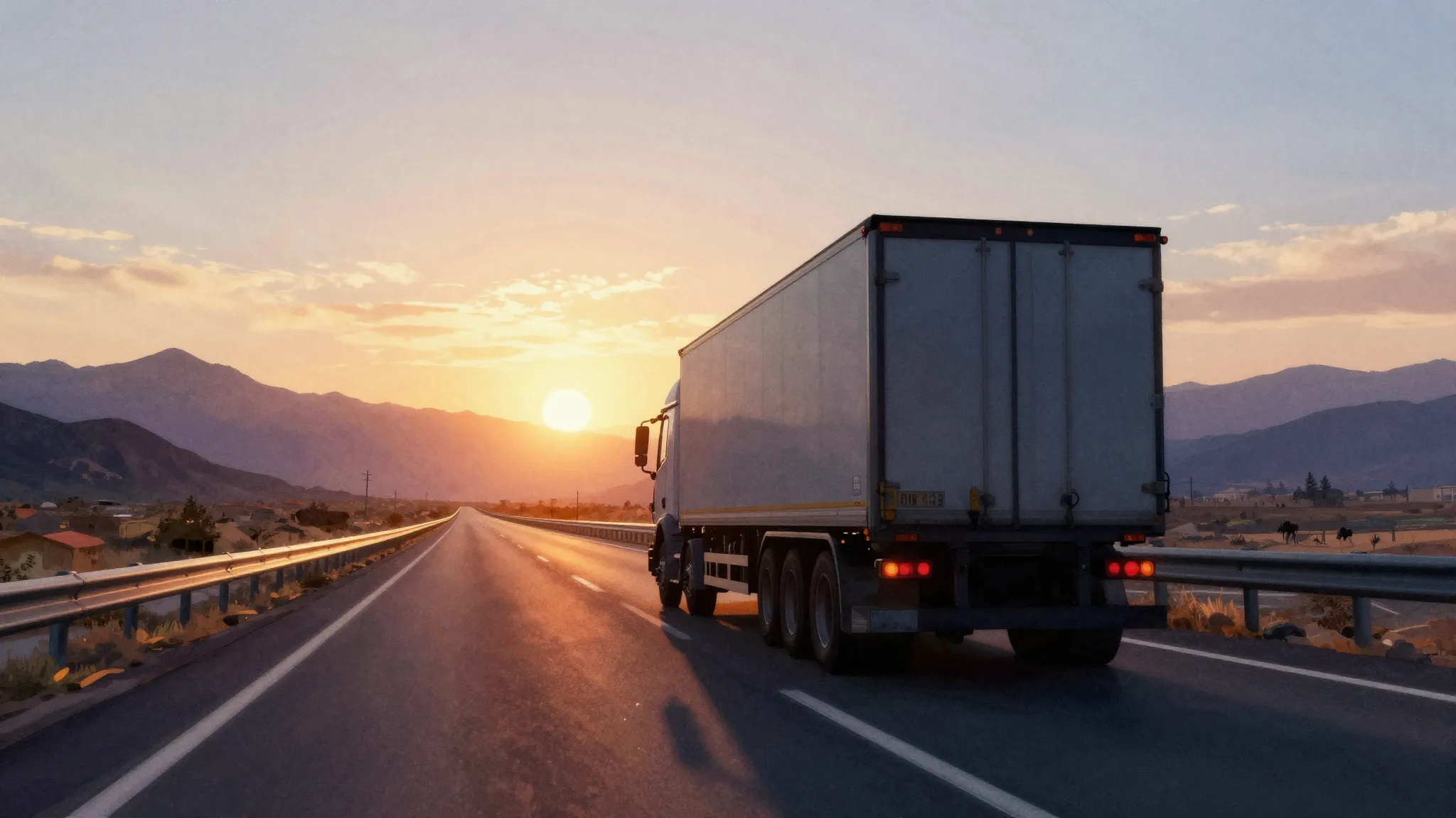 Watercolor style. Silhouette of a big truck driving on a lon...