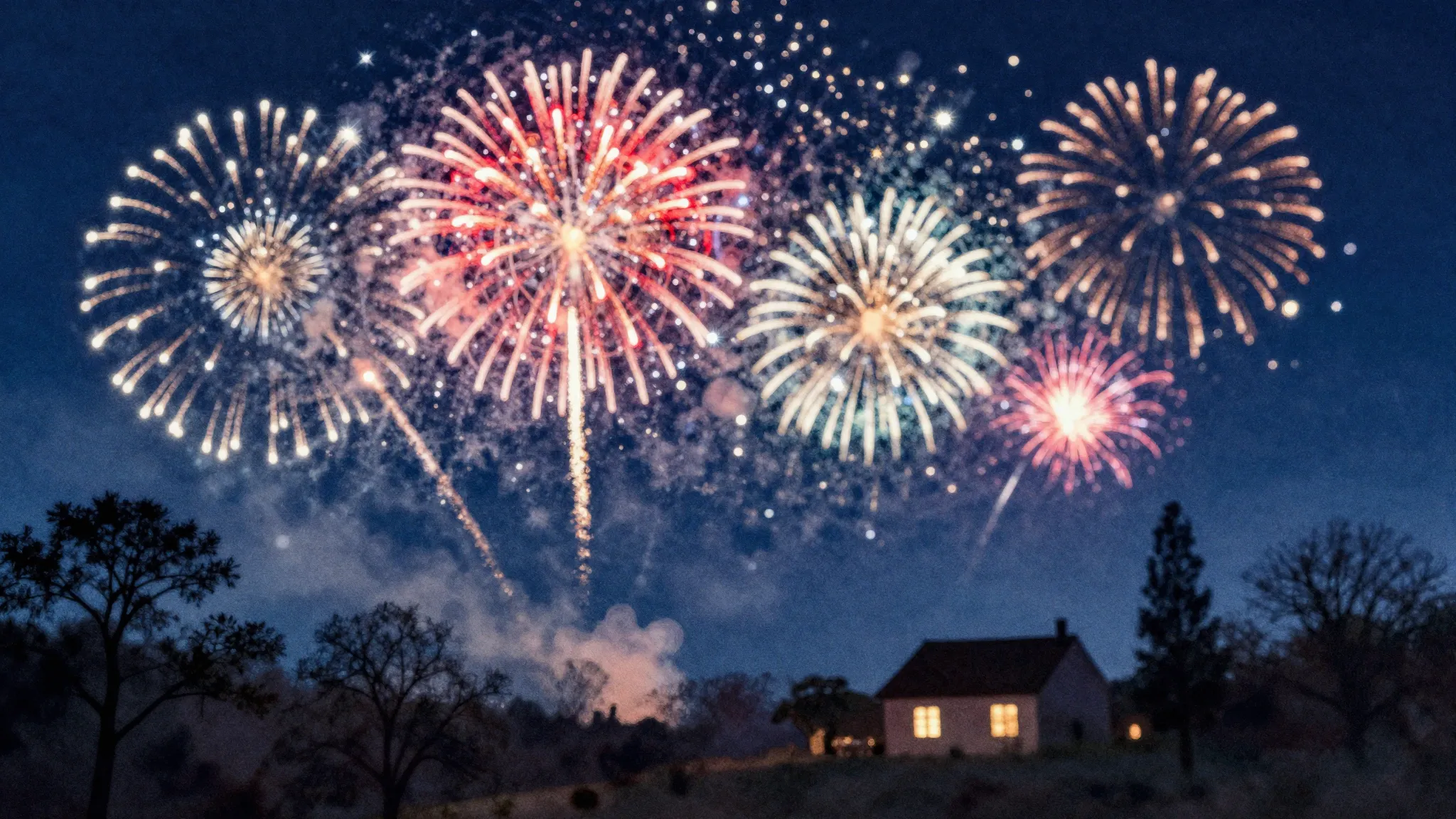 Watercolor style. Night sky with bright colorful fireworks, ...