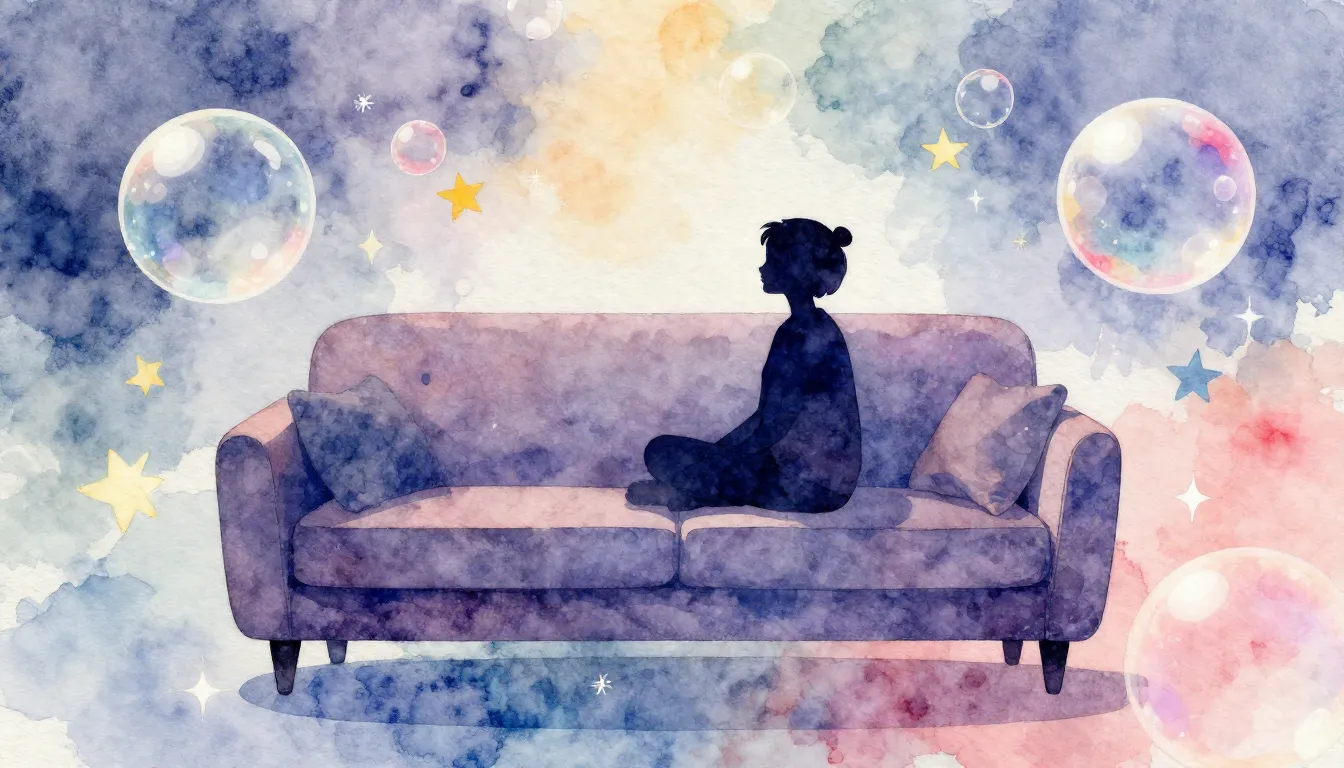 Watercolor style. A silhouette of a person sitting on a gian...