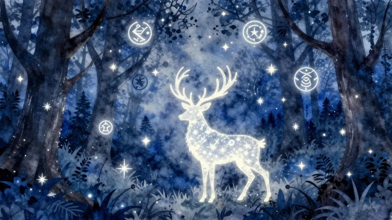 Vibrant watercolor style. A mystical, cosmic forest scene at...