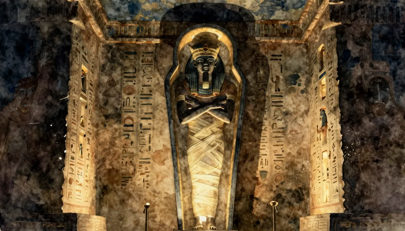 Watercolor style. Ancient Egyptian tomb interior, dark and a...