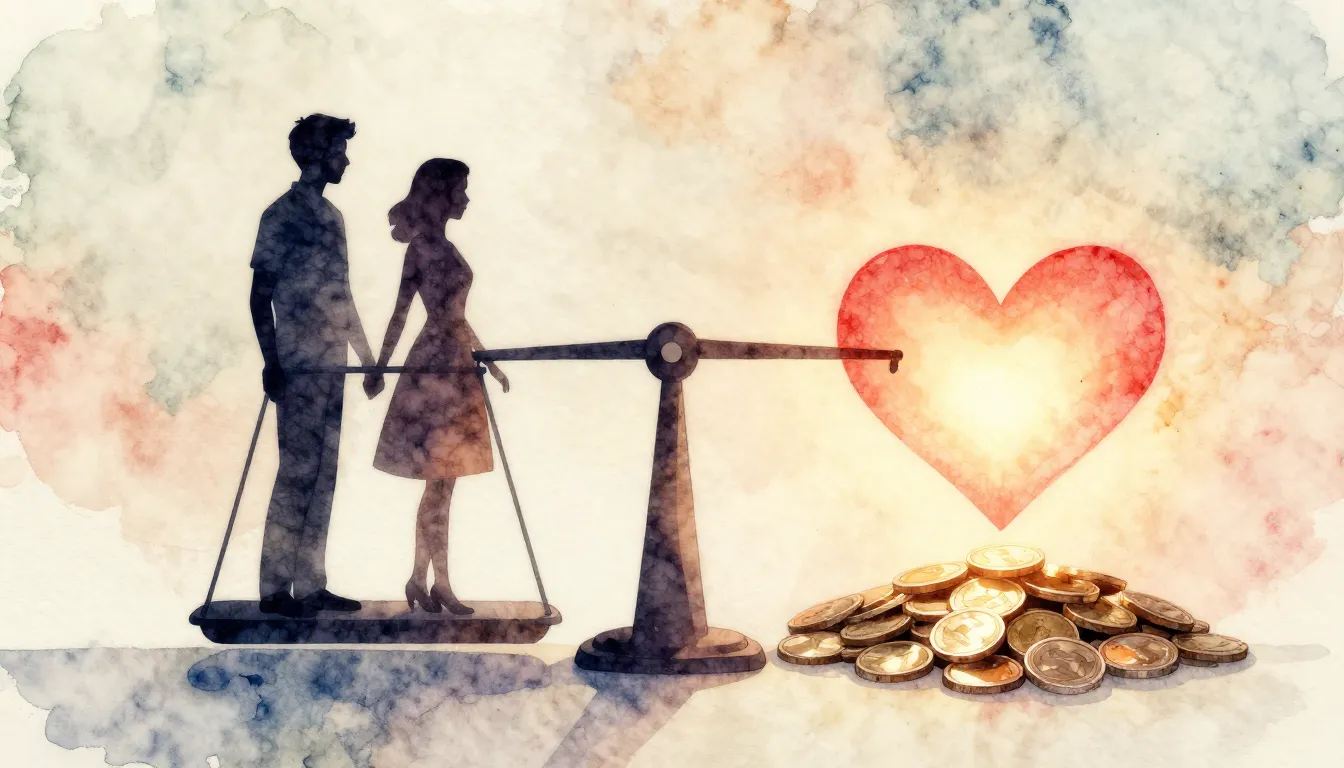 Watercolor style. Silhouette of a couple standing on a scale...