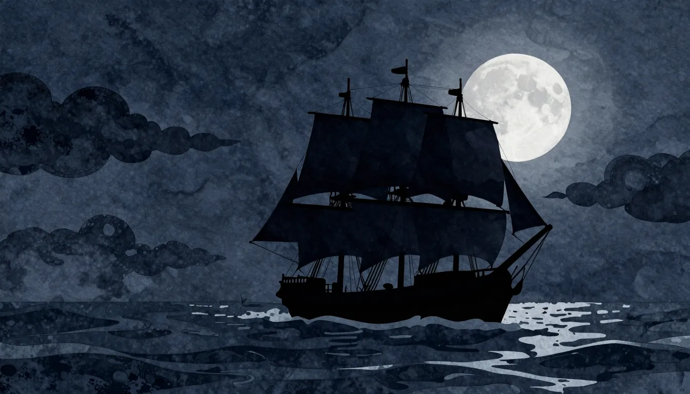 Watercolor style. Silhouette of a tall ship on rough ocean w...