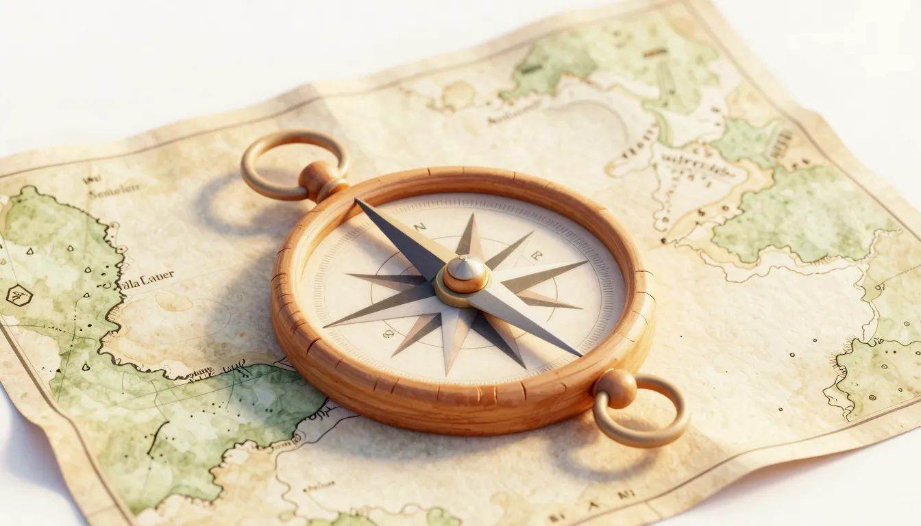 Watercolor style. A stylized wooden compass lying on a vinta...