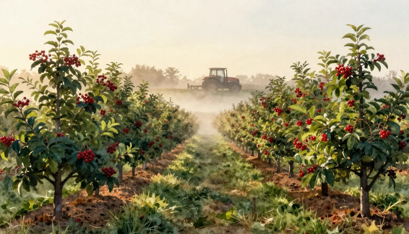 Watercolor style. Scenic view of a fruit orchard at sunrise,...
