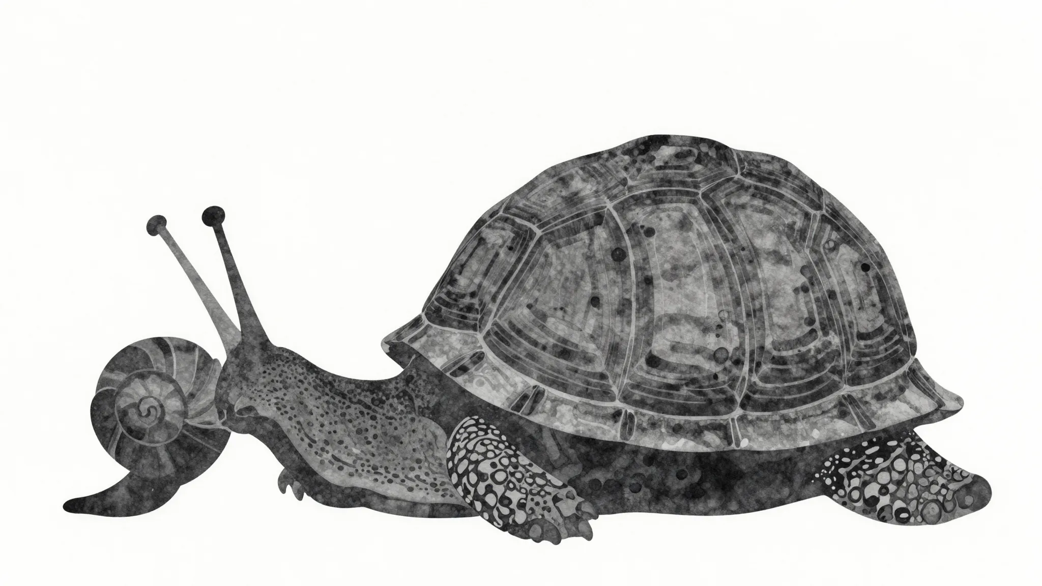 Watercolor style. Silhouette of a giant snail and a turtle o...