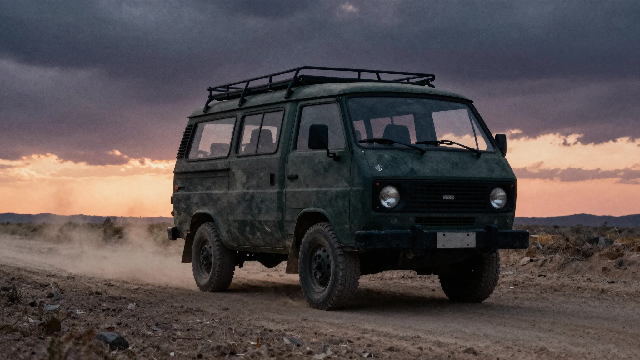 Watercolor style. A silhouette of a rugged UAZ van on a dust...