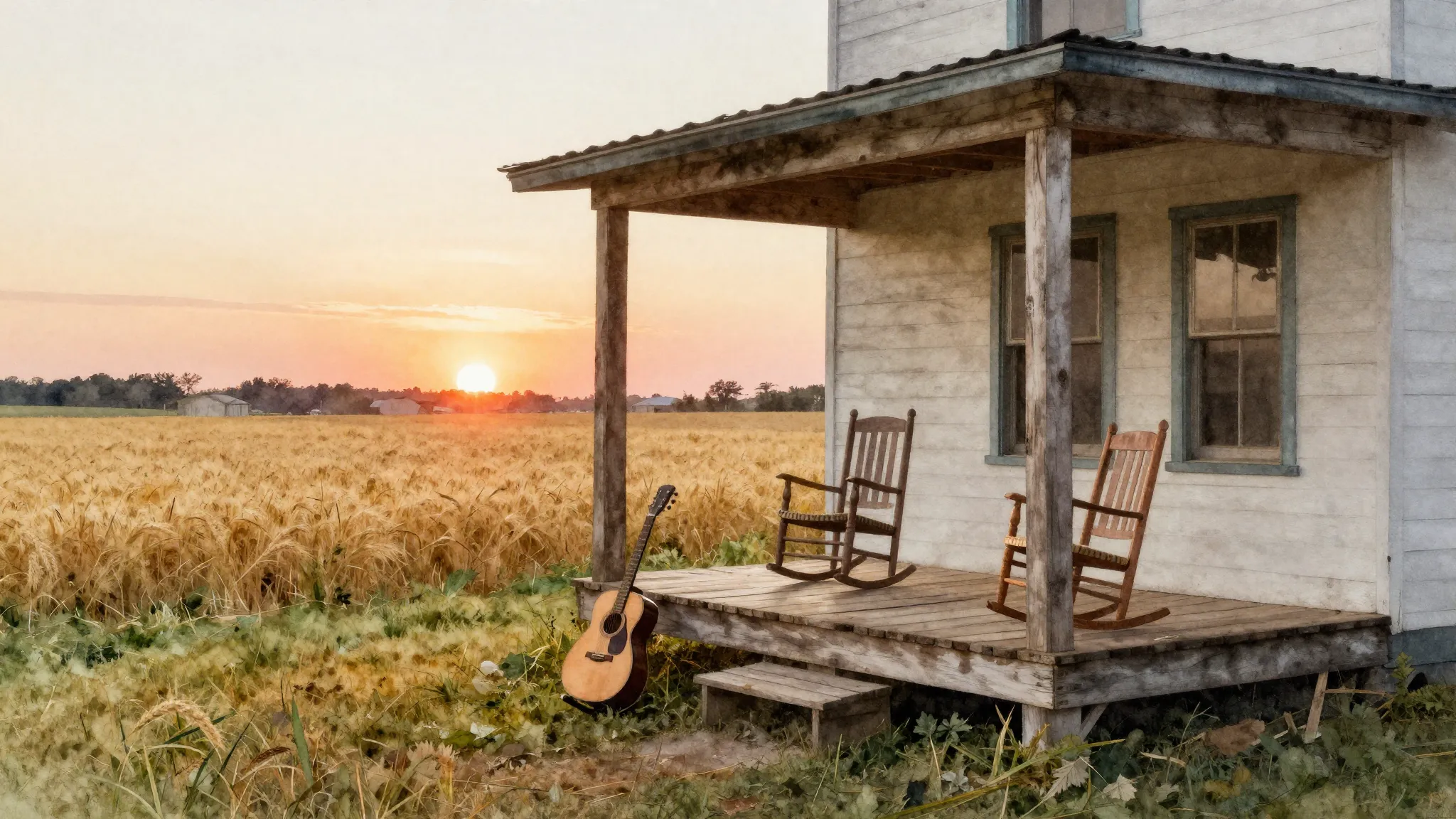 Watercolor style. A lonely wooden porch of a ranch house, a ...