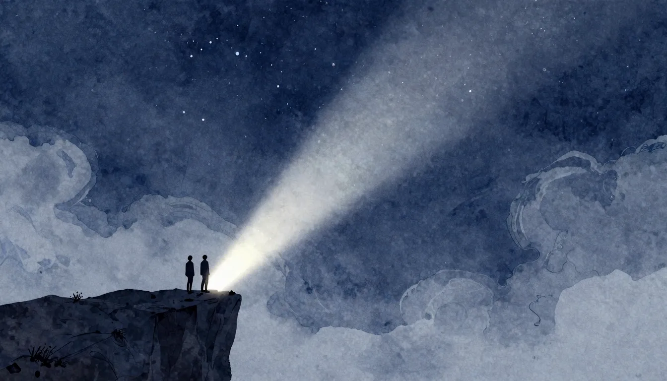 Watercolor style. A silhouette of two figures standing on a ...