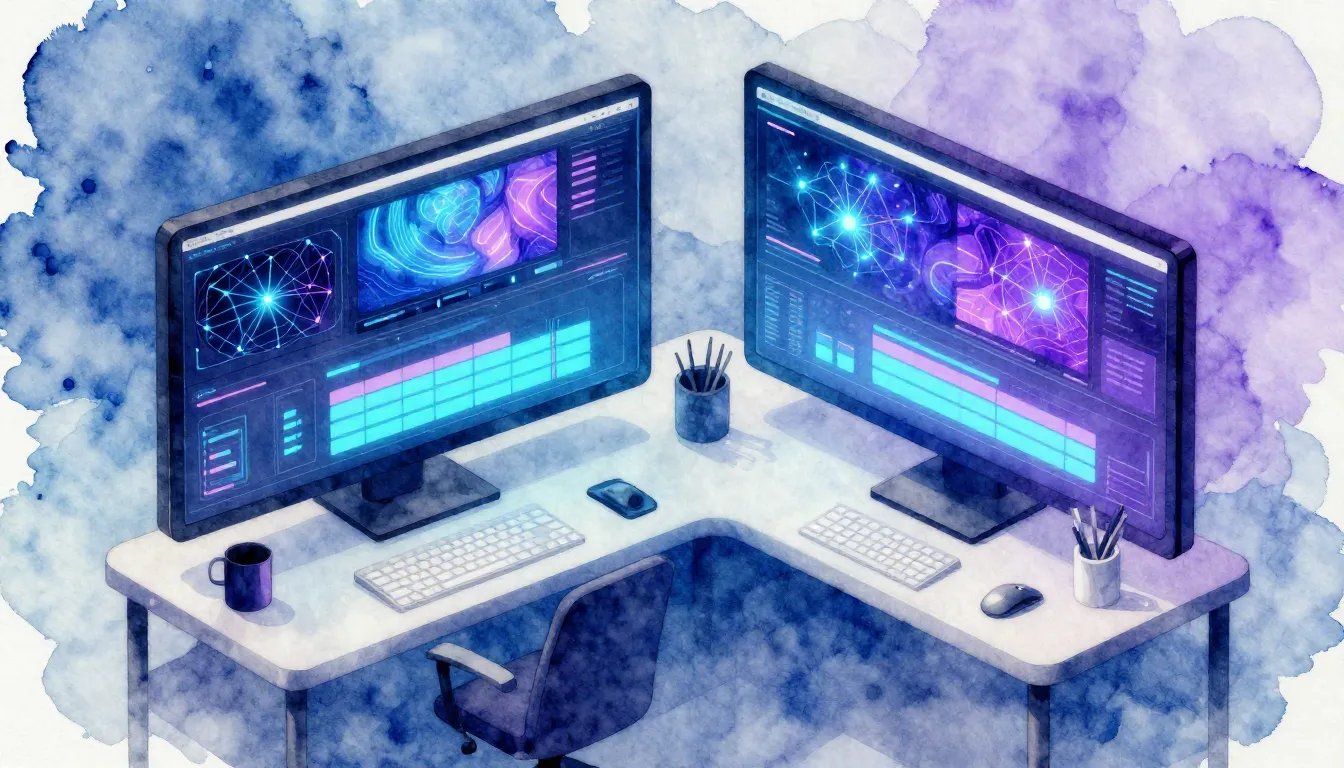 Watercolor style. A futuristic workspace with glowing digita...