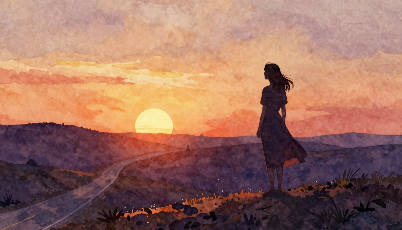Watercolor style. A silhouette of a woman stands on a hill, ...