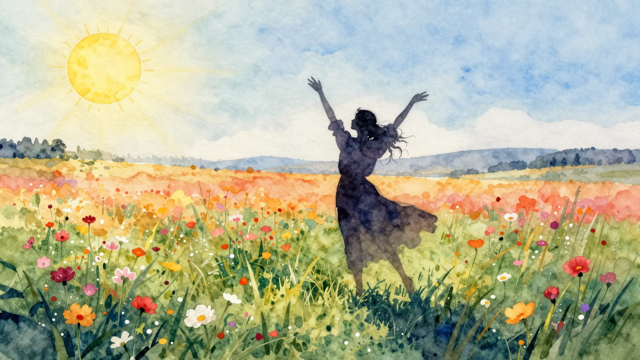 Watercolor style. Silhouette of a person dancing in a field ...
