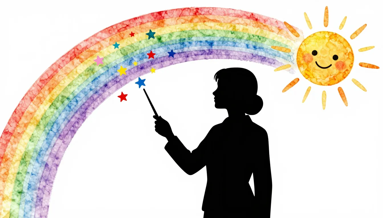 Watercolor style. A silhouette of a teacher holding a magic ...