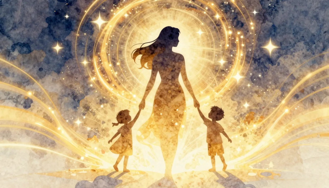 Watercolor style. A silhouette of a radiant woman surrounded...