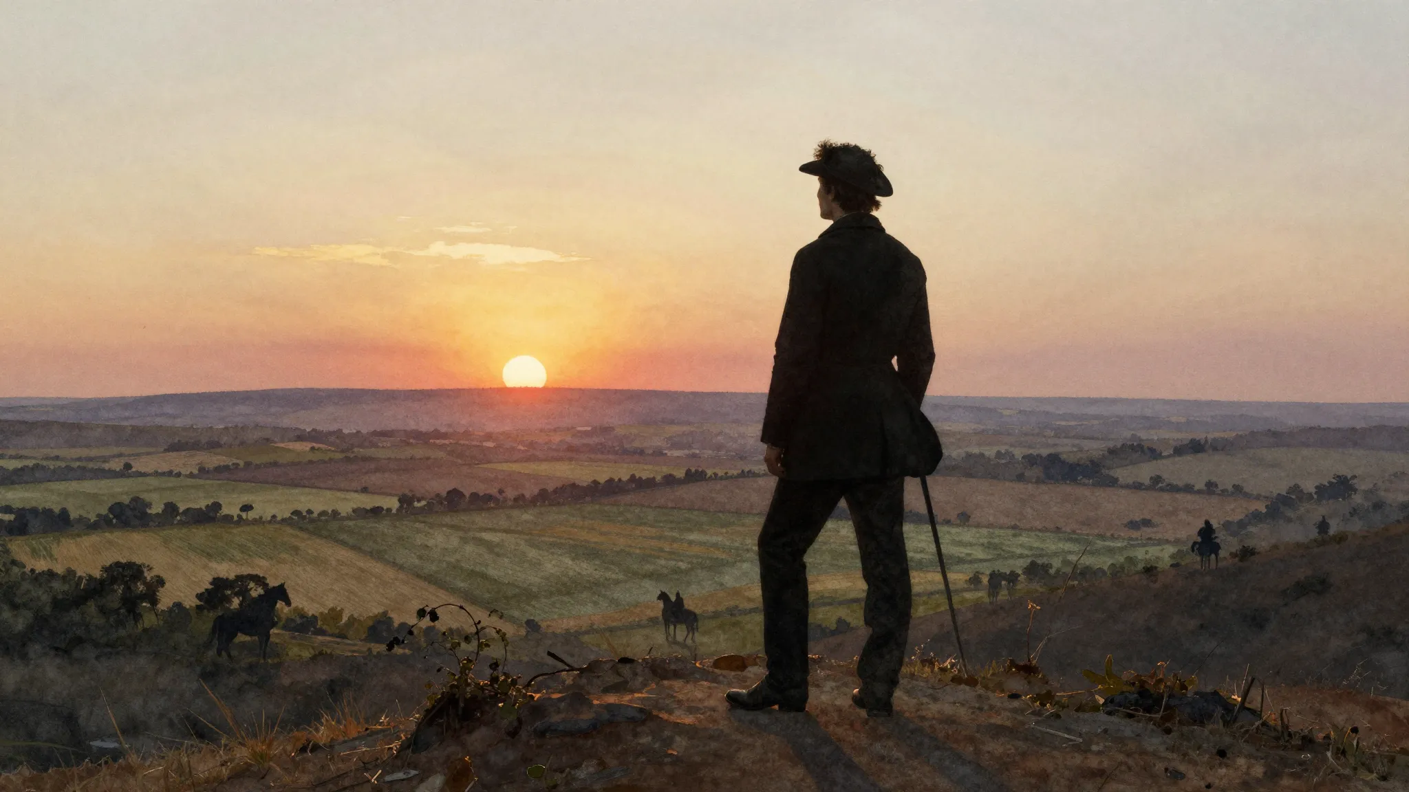 Watercolor style. A silhouette of a man stands on a hill, lo...
