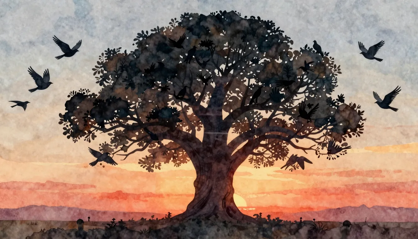 Watercolor style. A silhouette of a large, ancient tree agai...