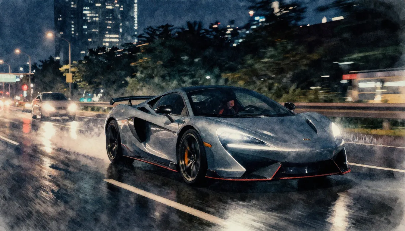Watercolor style. A sleek sports car speeding on a wet highw...