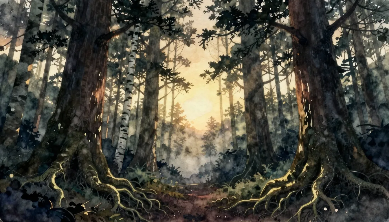 Watercolor style. A mystical ancient forest at twilight, sil...