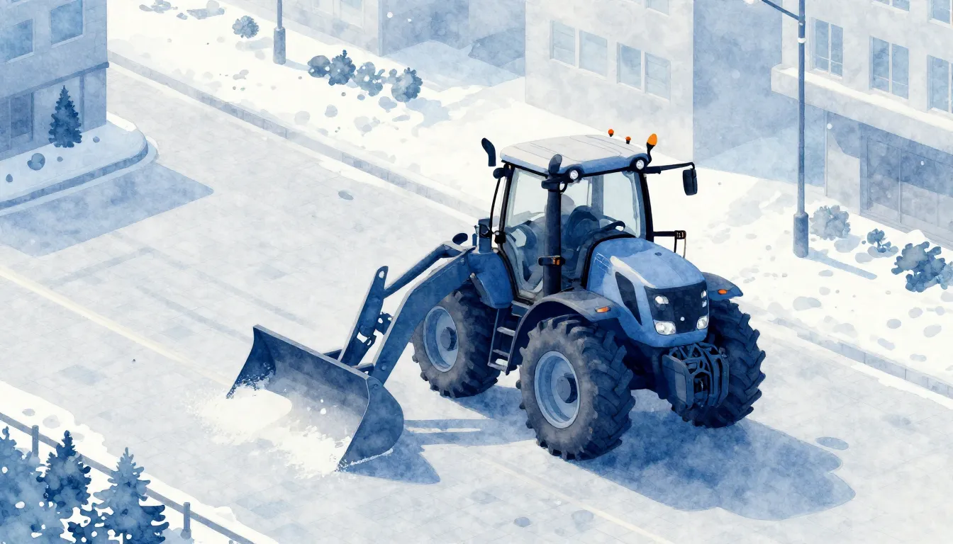 Watercolor style. Professional snow removal scene at dawn, s...