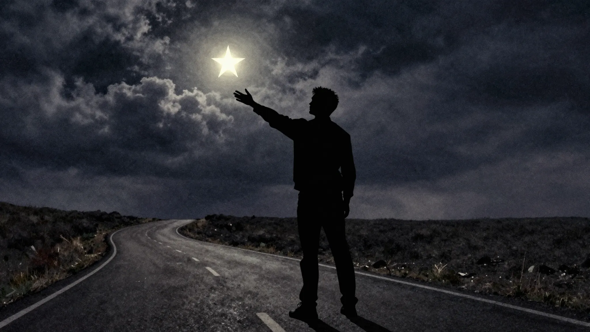 Watercolor style. A silhouette of a man reaching out towards...