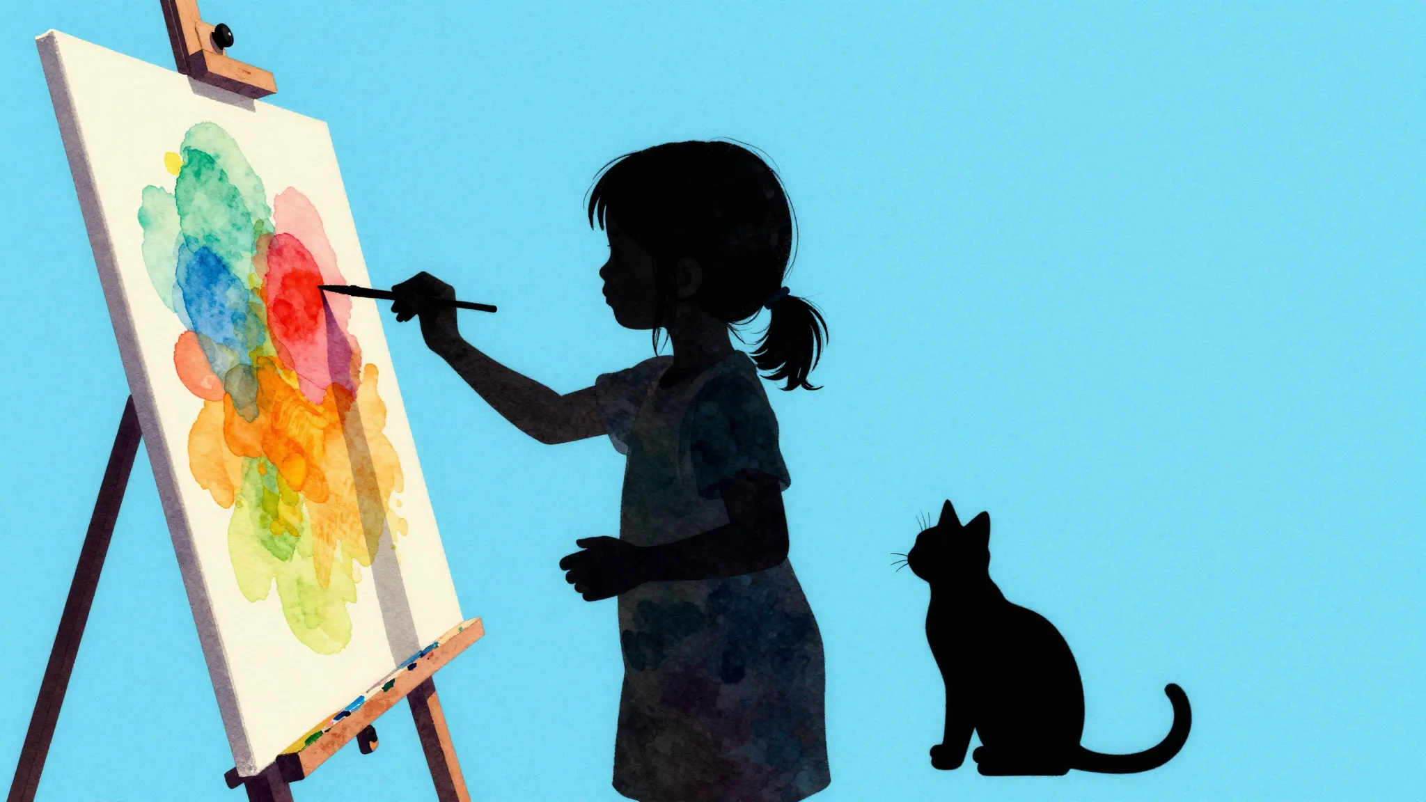 Watercolor style. Silhouette of a young girl painting on a l...