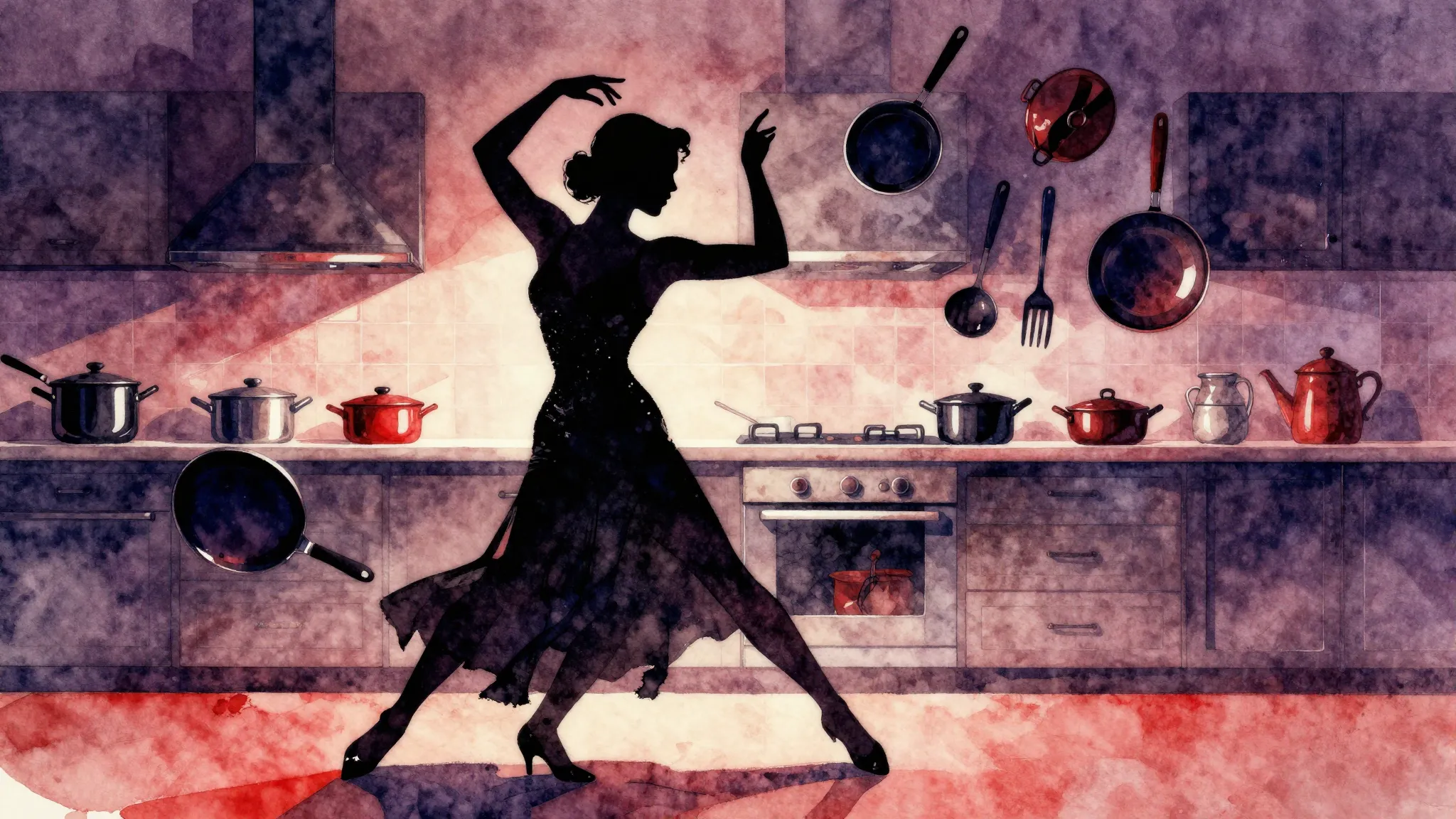 Vibrant watercolor style. Tango music album cover. A dramati...