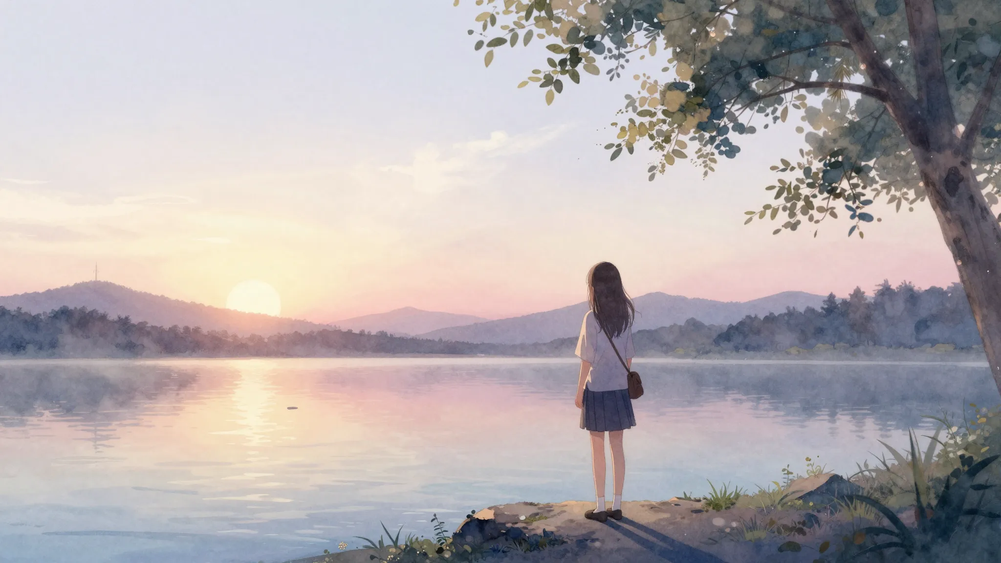 Watercolor style. A beautiful sunrise over a calm lake, soft...