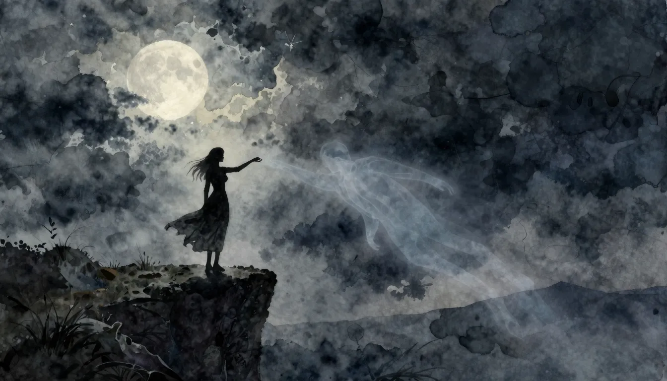 Watercolor style. A dramatic, dark landscape under a stormy ...