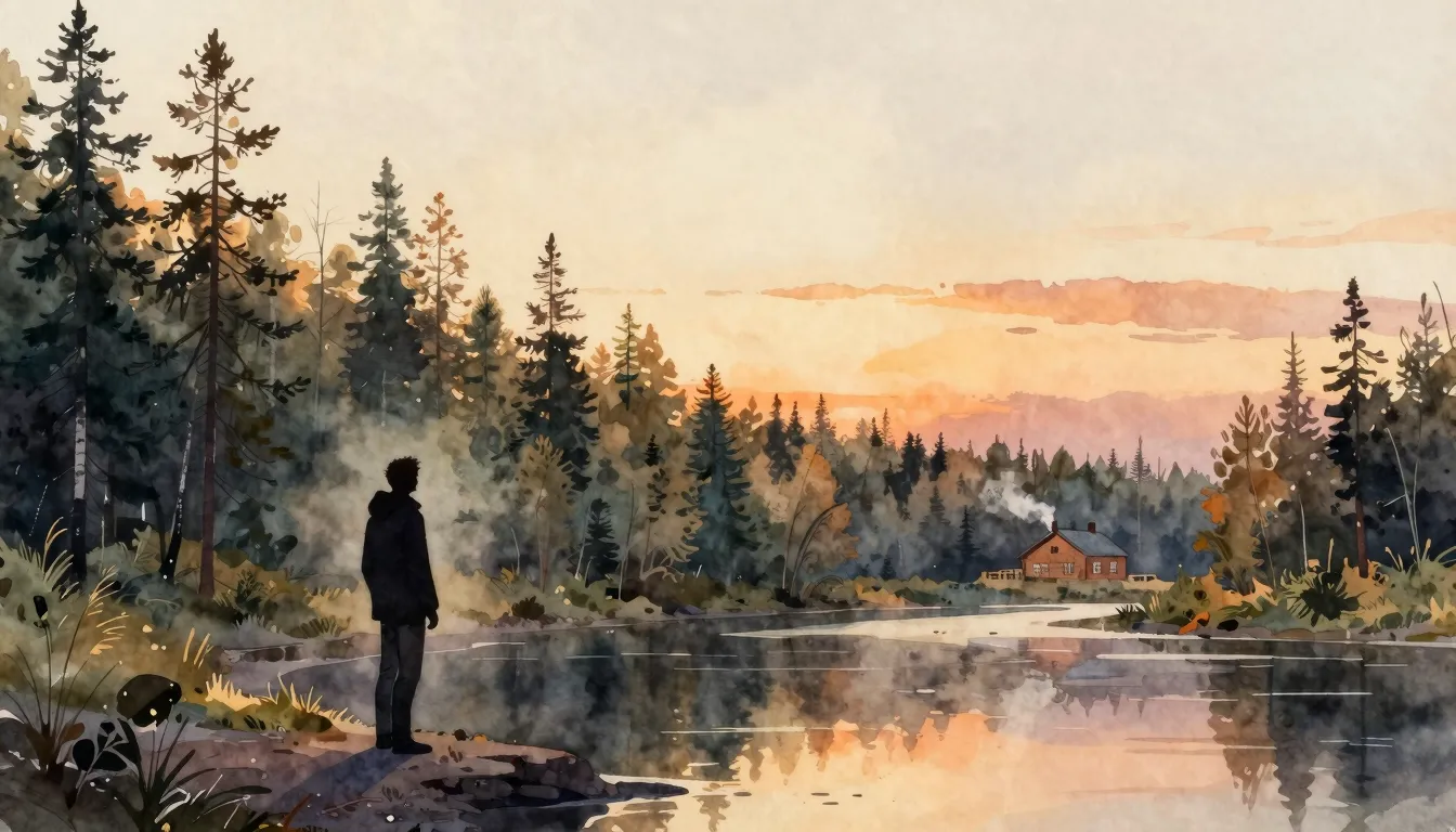 Watercolor style. A silhouette of a man stands on a riverban...